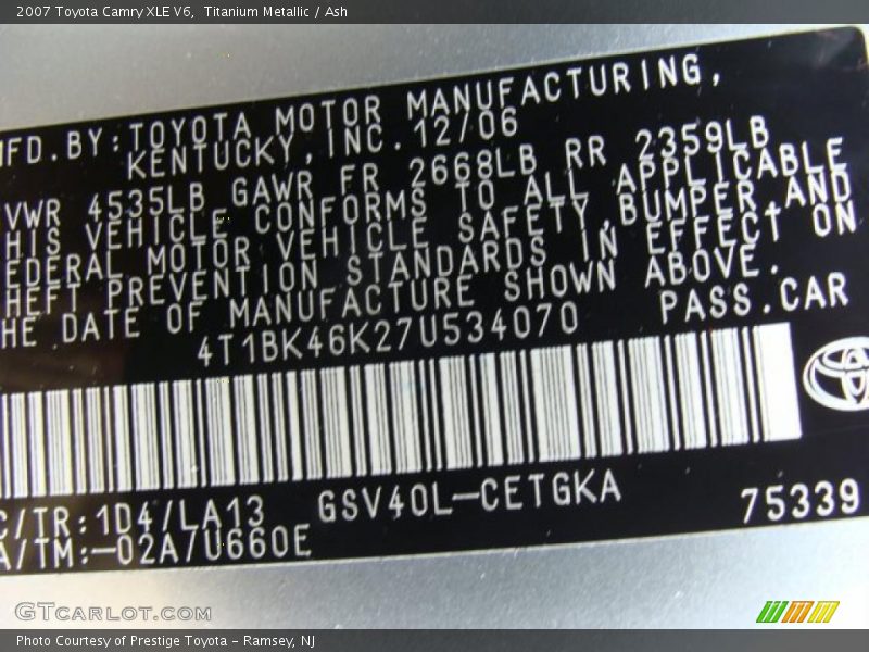 Titanium Metallic / Ash 2007 Toyota Camry XLE V6