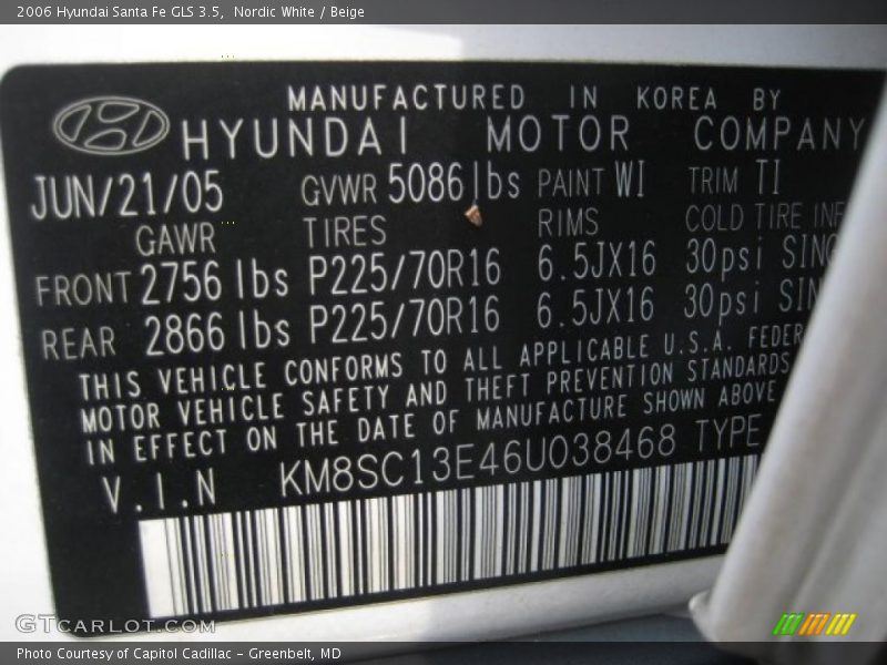Nordic White / Beige 2006 Hyundai Santa Fe GLS 3.5