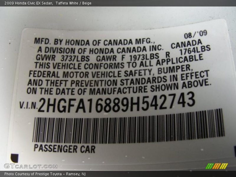 Taffeta White / Beige 2009 Honda Civic EX Sedan