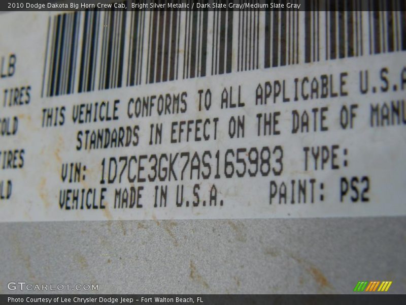 Bright Silver Metallic / Dark Slate Gray/Medium Slate Gray 2010 Dodge Dakota Big Horn Crew Cab