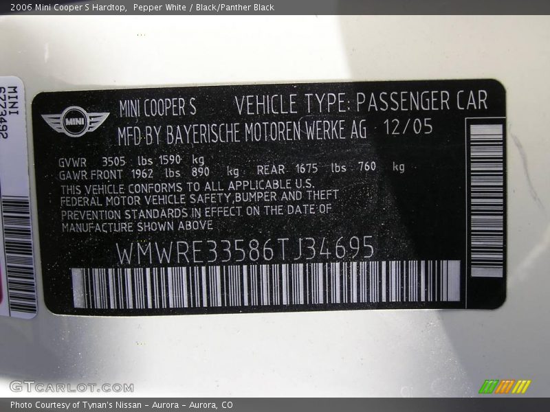 Pepper White / Black/Panther Black 2006 Mini Cooper S Hardtop