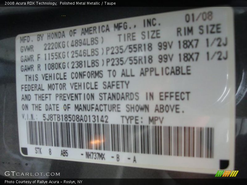 Polished Metal Metallic / Taupe 2008 Acura RDX Technology