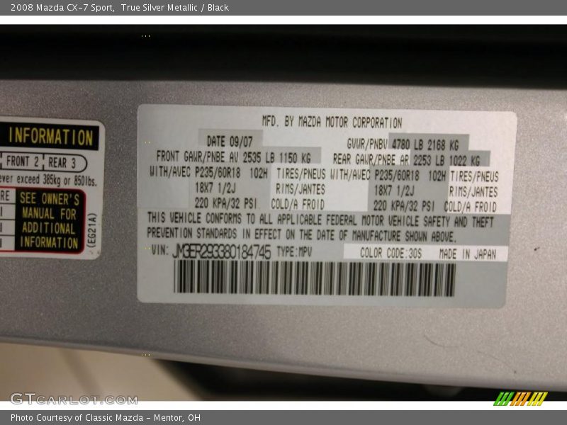 True Silver Metallic / Black 2008 Mazda CX-7 Sport