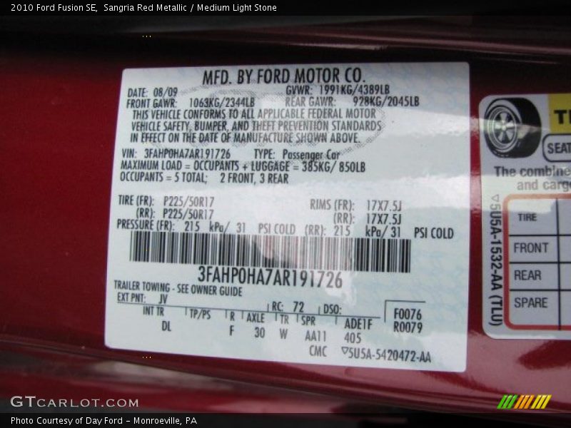 Sangria Red Metallic / Medium Light Stone 2010 Ford Fusion SE