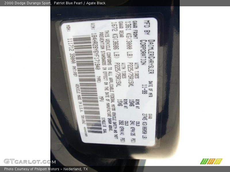 Patriot Blue Pearl / Agate Black 2000 Dodge Durango Sport