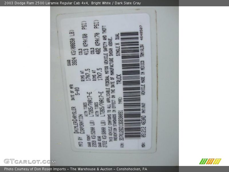 Bright White / Dark Slate Gray 2003 Dodge Ram 2500 Laramie Regular Cab 4x4