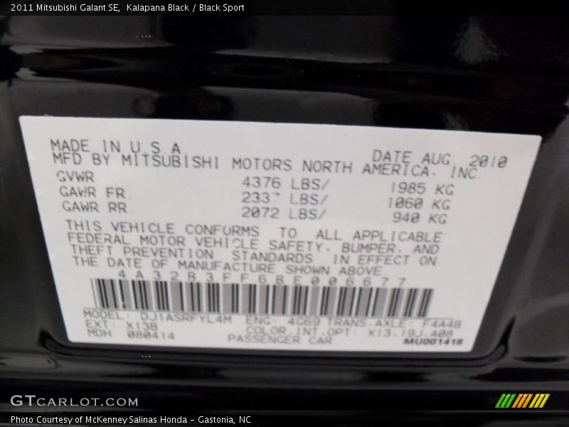 Kalapana Black / Black Sport 2011 Mitsubishi Galant SE