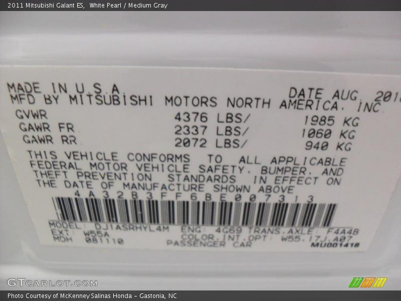 White Pearl / Medium Gray 2011 Mitsubishi Galant ES
