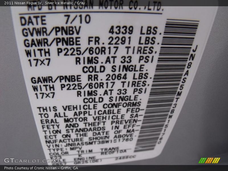 Silver Ice Metallic / Gray 2011 Nissan Rogue SV