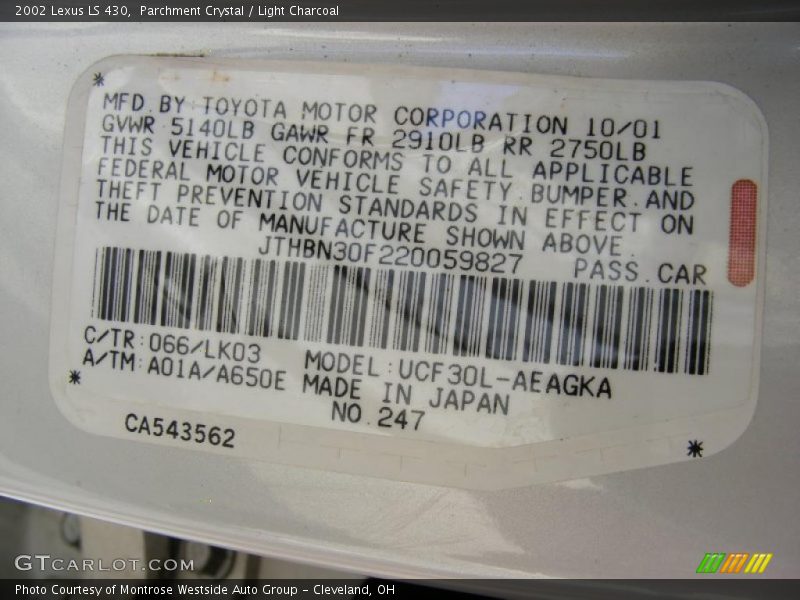 Parchment Crystal / Light Charcoal 2002 Lexus LS 430