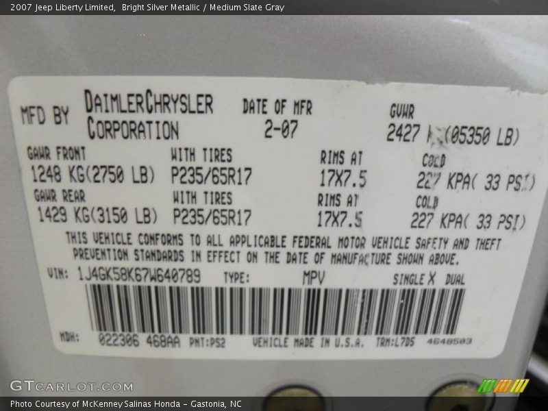 Bright Silver Metallic / Medium Slate Gray 2007 Jeep Liberty Limited