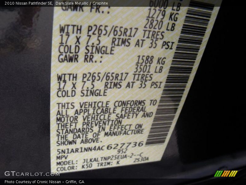 Dark Slate Metallic / Graphite 2010 Nissan Pathfinder SE