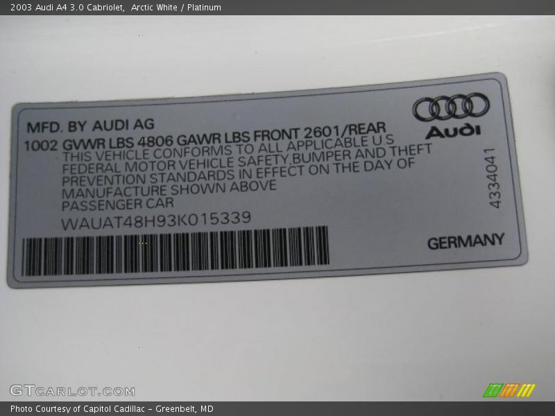 Arctic White / Platinum 2003 Audi A4 3.0 Cabriolet