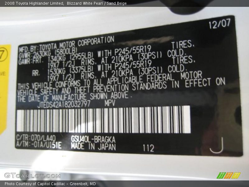 Blizzard White Pearl / Sand Beige 2008 Toyota Highlander Limited