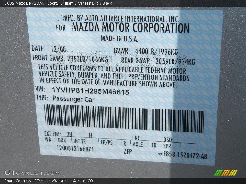 Brilliant Silver Metallic / Black 2009 Mazda MAZDA6 i Sport