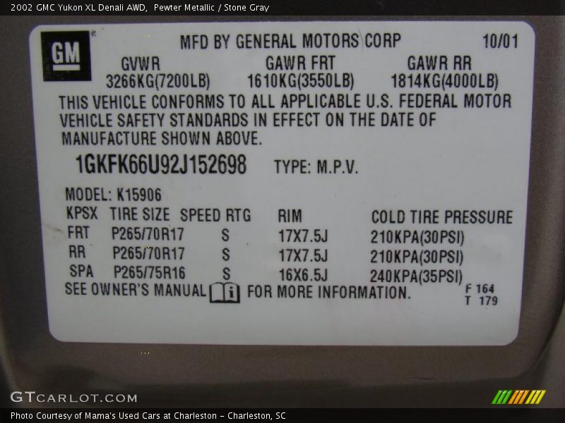 Pewter Metallic / Stone Gray 2002 GMC Yukon XL Denali AWD