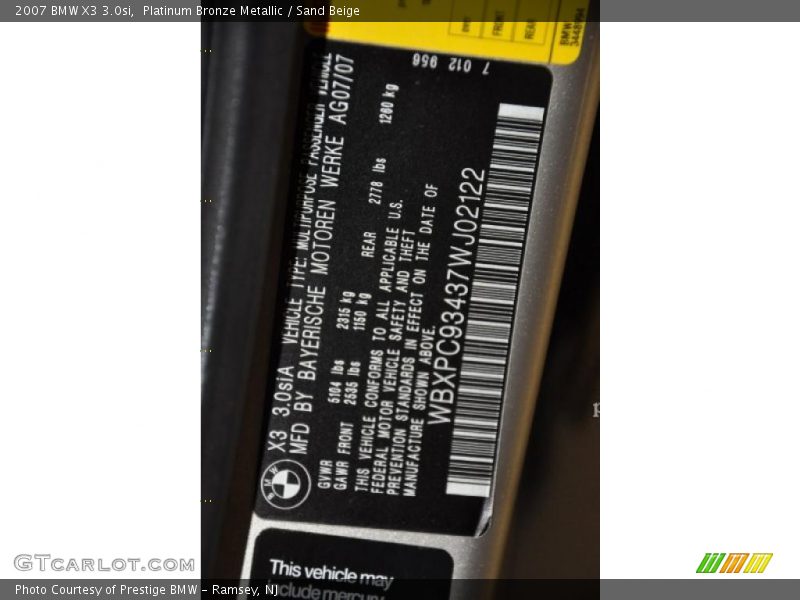 Platinum Bronze Metallic / Sand Beige 2007 BMW X3 3.0si