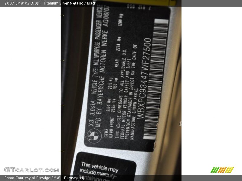 Titanium Silver Metallic / Black 2007 BMW X3 3.0si