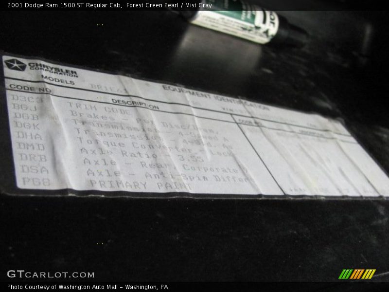 Forest Green Pearl / Mist Gray 2001 Dodge Ram 1500 ST Regular Cab