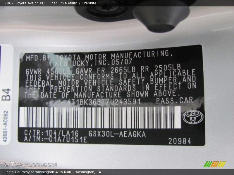 Titanium Metallic / Graphite 2007 Toyota Avalon XLS