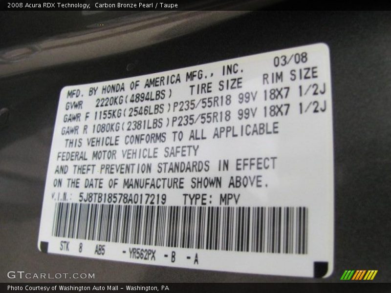 Carbon Bronze Pearl / Taupe 2008 Acura RDX Technology