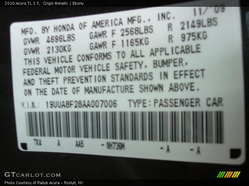 Grigio Metallic / Ebony 2010 Acura TL 3.5