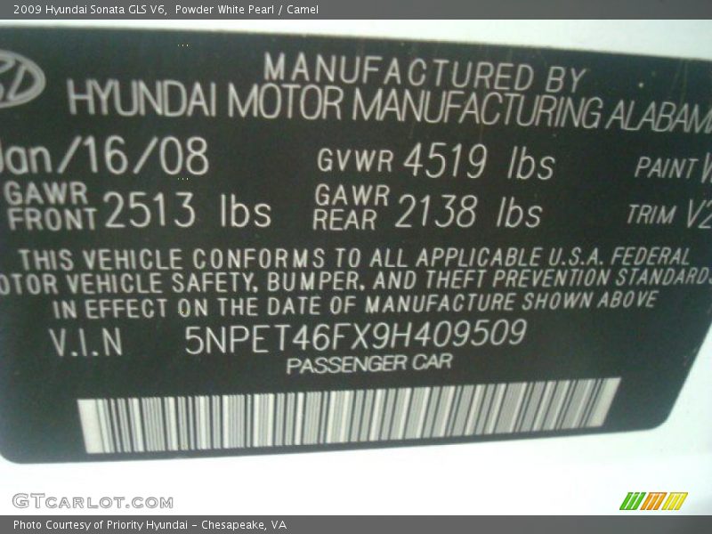 Powder White Pearl / Camel 2009 Hyundai Sonata GLS V6