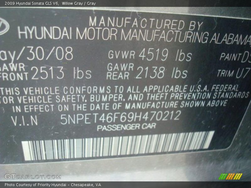 Willow Gray / Gray 2009 Hyundai Sonata GLS V6