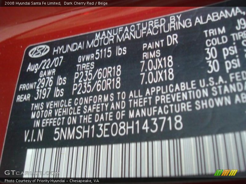 Dark Cherry Red / Beige 2008 Hyundai Santa Fe Limited