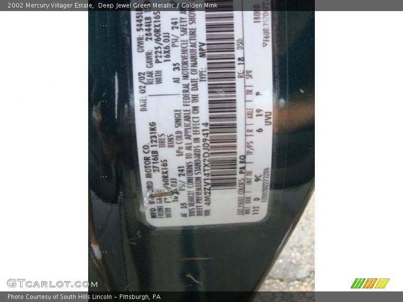 Deep Jewel Green Metallic / Golden Mink 2002 Mercury Villager Estate