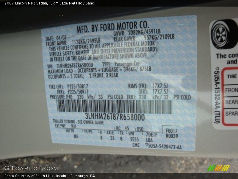 Light Sage Metallic / Sand 2007 Lincoln MKZ Sedan