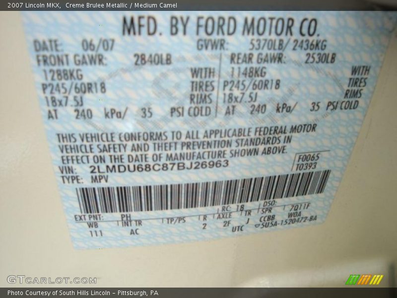 Creme Brulee Metallic / Medium Camel 2007 Lincoln MKX