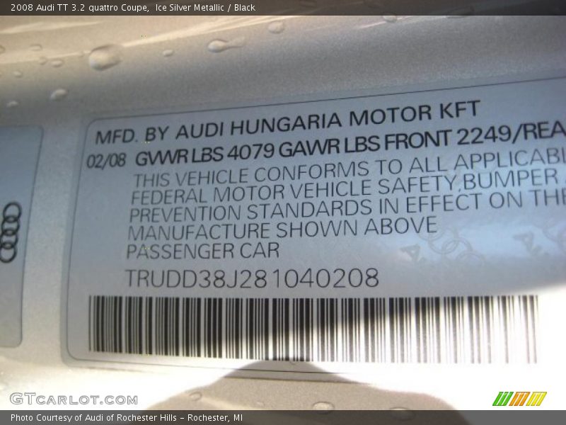 Ice Silver Metallic / Black 2008 Audi TT 3.2 quattro Coupe