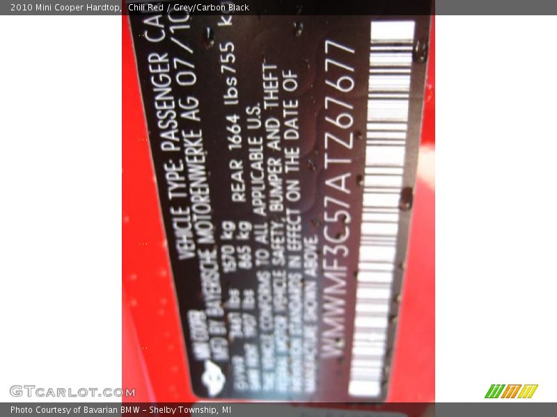 Chili Red / Grey/Carbon Black 2010 Mini Cooper Hardtop