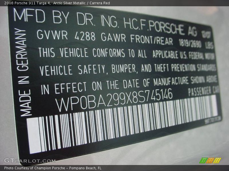 Arctic Silver Metallic / Carrera Red 2008 Porsche 911 Targa 4