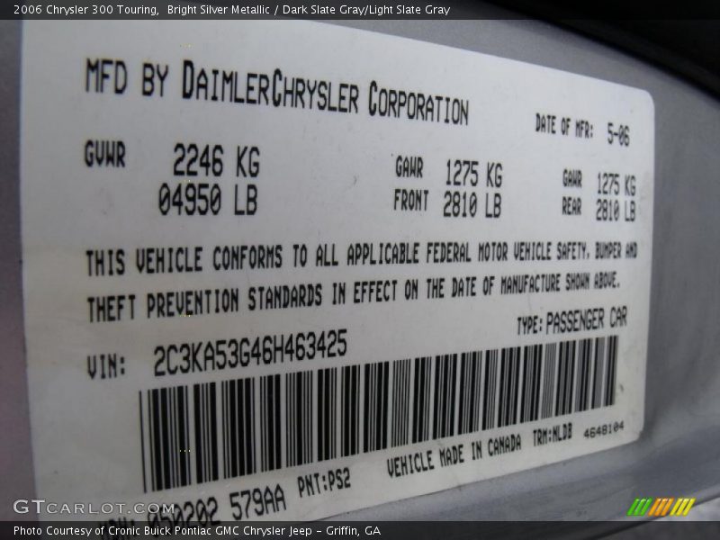 Bright Silver Metallic / Dark Slate Gray/Light Slate Gray 2006 Chrysler 300 Touring