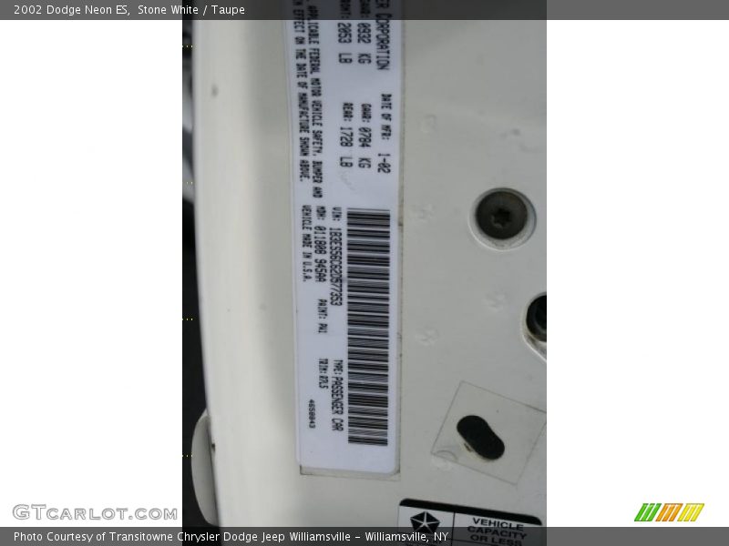 Stone White / Taupe 2002 Dodge Neon ES