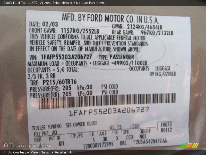 Arizona Beige Metallic / Medium Parchment 2003 Ford Taurus SES