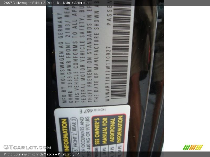 Black Uni / Anthracite 2007 Volkswagen Rabbit 2 Door