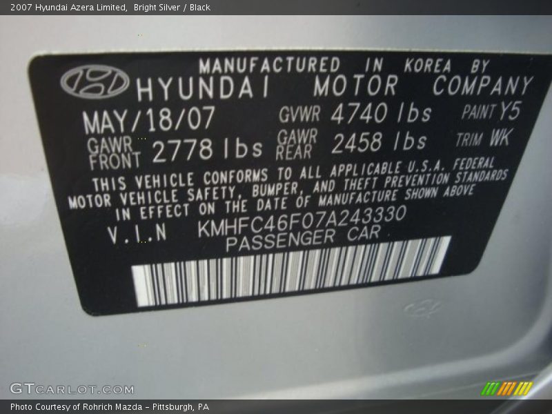 Bright Silver / Black 2007 Hyundai Azera Limited