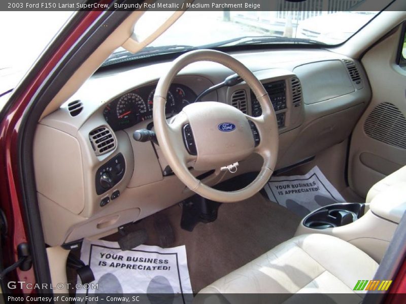 Burgundy Red Metallic / Medium Parchment Beige 2003 Ford F150 Lariat SuperCrew