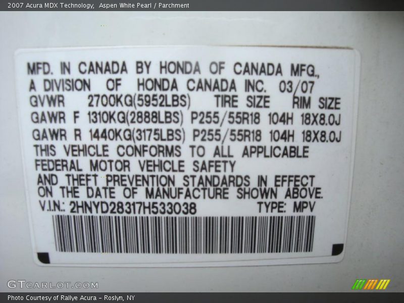 Aspen White Pearl / Parchment 2007 Acura MDX Technology