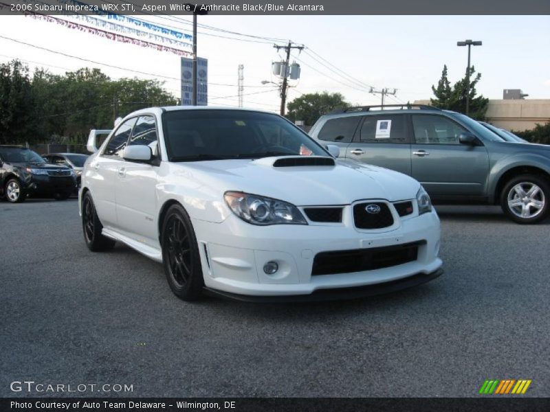 Aspen White / Anthracite Black/Blue Alcantara 2006 Subaru Impreza WRX STi