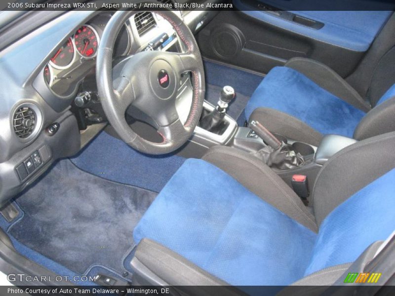 Aspen White / Anthracite Black/Blue Alcantara 2006 Subaru Impreza WRX STi