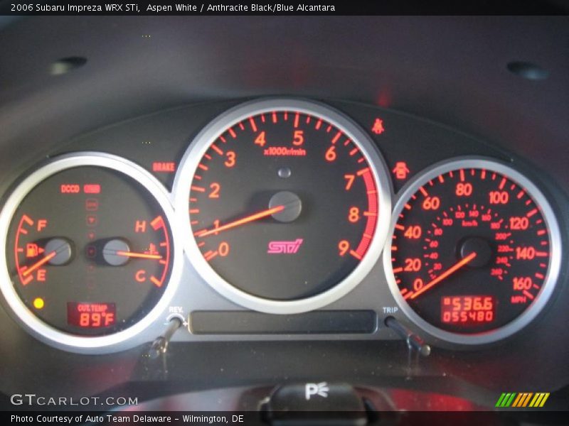 Aspen White / Anthracite Black/Blue Alcantara 2006 Subaru Impreza WRX STi