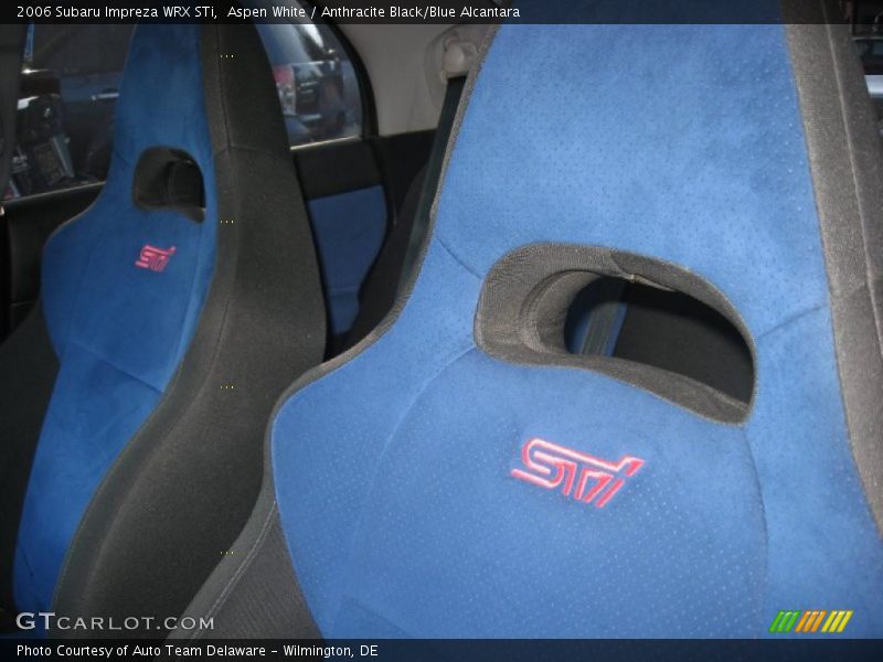 Aspen White / Anthracite Black/Blue Alcantara 2006 Subaru Impreza WRX STi