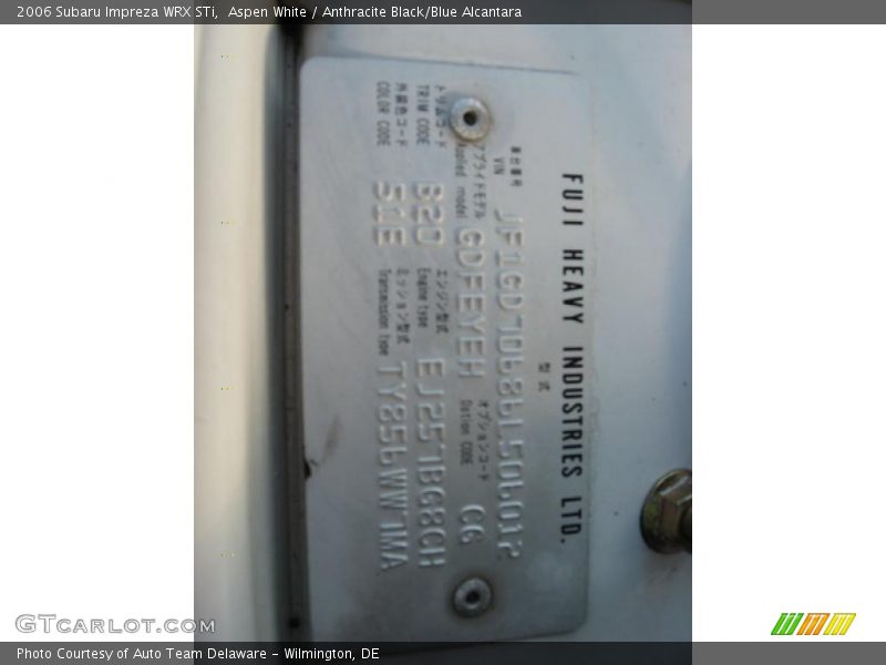 Aspen White / Anthracite Black/Blue Alcantara 2006 Subaru Impreza WRX STi