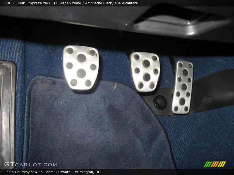 Aspen White / Anthracite Black/Blue Alcantara 2006 Subaru Impreza WRX STi