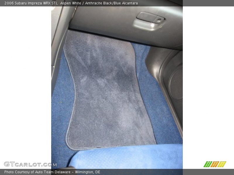 Aspen White / Anthracite Black/Blue Alcantara 2006 Subaru Impreza WRX STi
