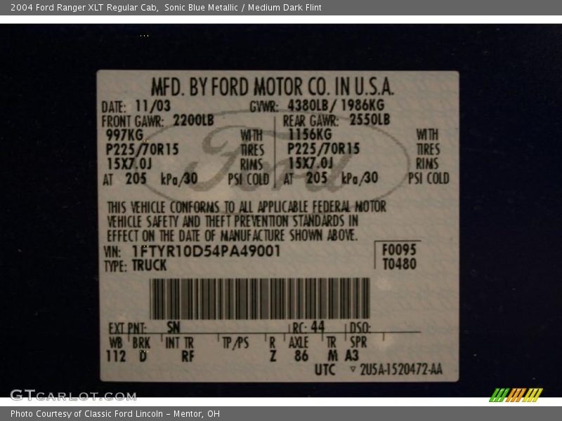 Sonic Blue Metallic / Medium Dark Flint 2004 Ford Ranger XLT Regular Cab